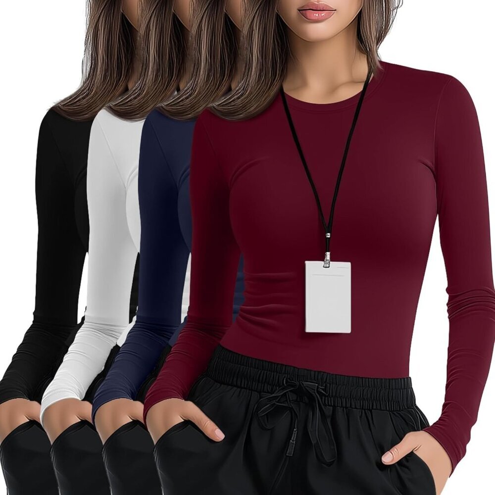 Women's Long Sleeve Underscrub Shirts Cotton Blend Slim Fit Nurse Tops Set of 4